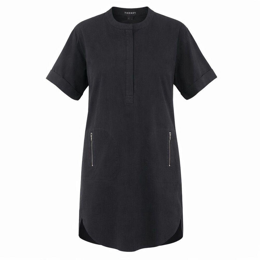 Theory Black Cotton Blend Tunic Dress S Short Sleeve Zip Pocket Minimalist...